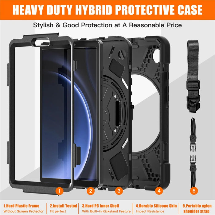 For Samsung Galaxy Tab A9 Tablet Case Kickstand PC+Silicone Cover with Hand Band / Shoulder Strap - Black - 4