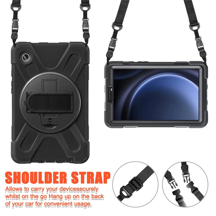 For Samsung Galaxy Tab A9 Tablet Case Kickstand PC+Silicone Cover with Hand Band / Shoulder Strap - Black - 6