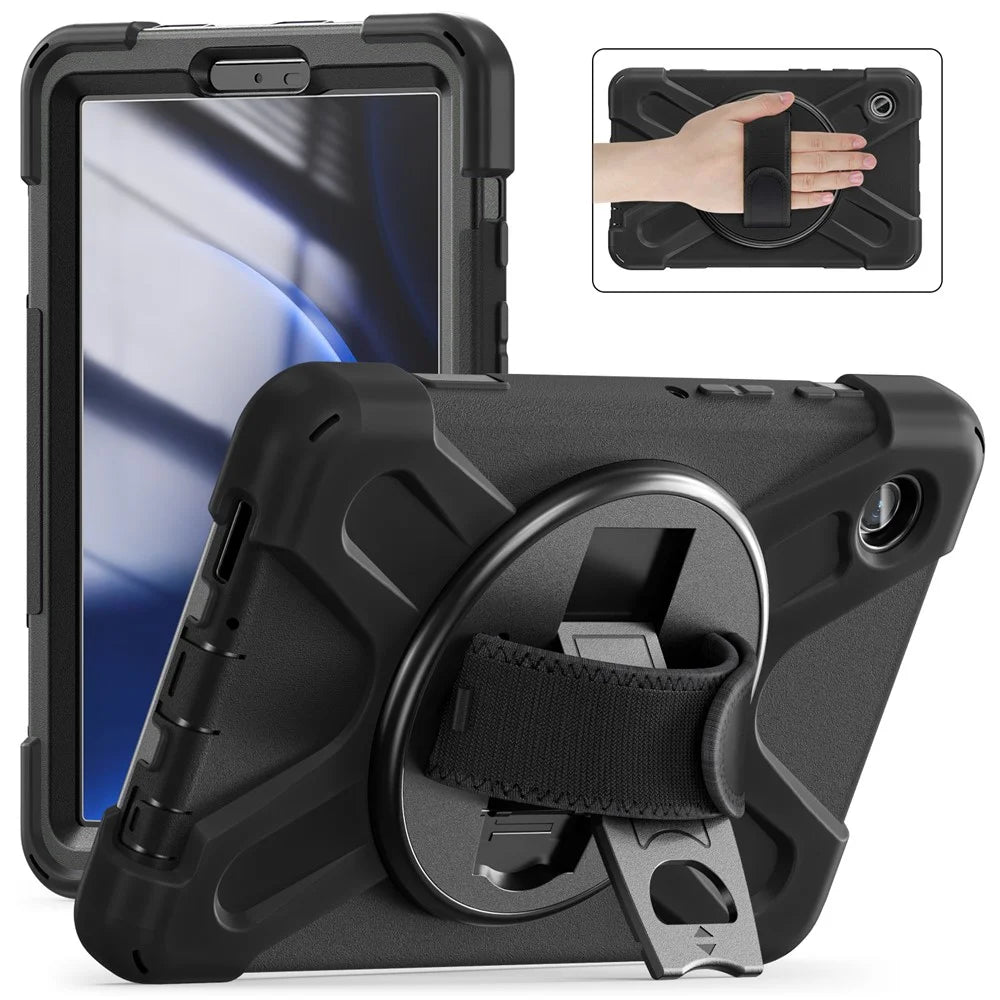 For Samsung Galaxy Tab A9 Case Rotary Kickstand PC+Silicone Hand Strap Tablet Cover - Black - 1