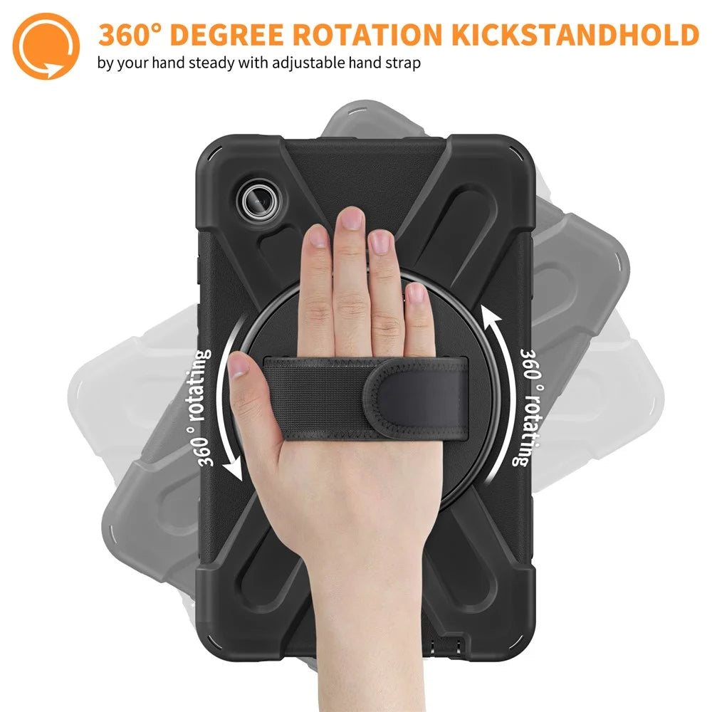 For Samsung Galaxy Tab A9 Case Rotary Kickstand PC+Silicone Hand Strap Tablet Cover - Black - 2