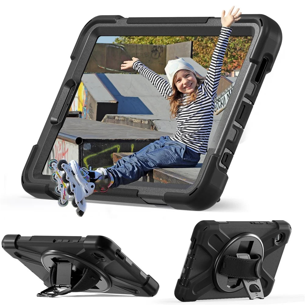 For Samsung Galaxy Tab A9 Case Rotary Kickstand PC+Silicone Hand Strap Tablet Cover - Black - 3