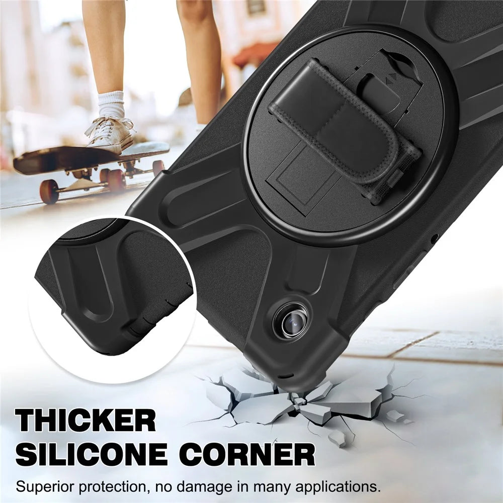 For Samsung Galaxy Tab A9 Case Rotary Kickstand PC+Silicone Hand Strap Tablet Cover - Black - 6