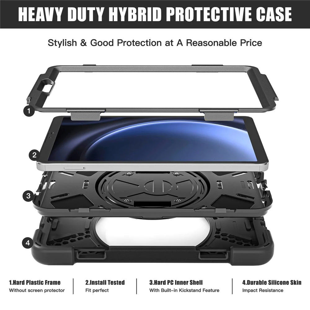 For Samsung Galaxy Tab A9 Case Rotary Kickstand PC+Silicone Hand Strap Tablet Cover - Black - 7