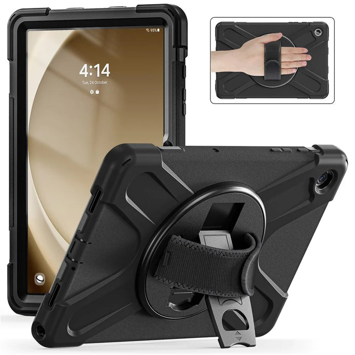 For Samsung Galaxy Tab A9+ Case PC+Silicone Rotary Kickstand Cover with Hand Strap - Black - 1