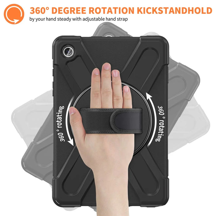 For Samsung Galaxy Tab A9+ Case PC+Silicone Rotary Kickstand Cover with Hand Strap - Black - 2