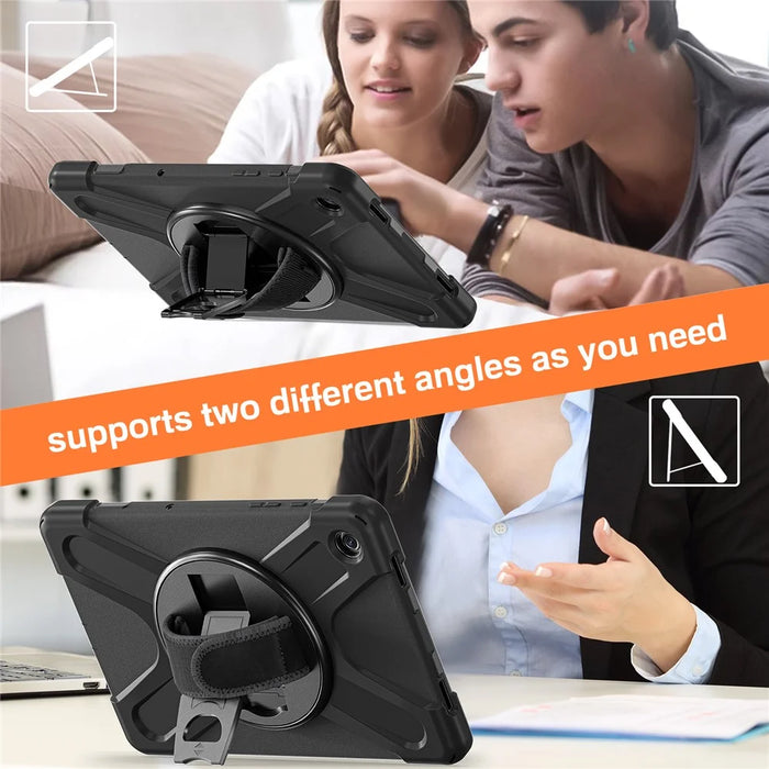 For Samsung Galaxy Tab A9+ Case PC+Silicone Rotary Kickstand Cover with Hand Strap - Black - 3