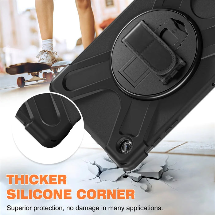 For Samsung Galaxy Tab A9+ Case PC+Silicone Rotary Kickstand Cover with Hand Strap - Black - 6