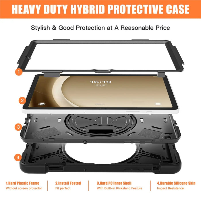 For Samsung Galaxy Tab A9+ Case PC+Silicone Rotary Kickstand Cover with Hand Strap - Black - 7