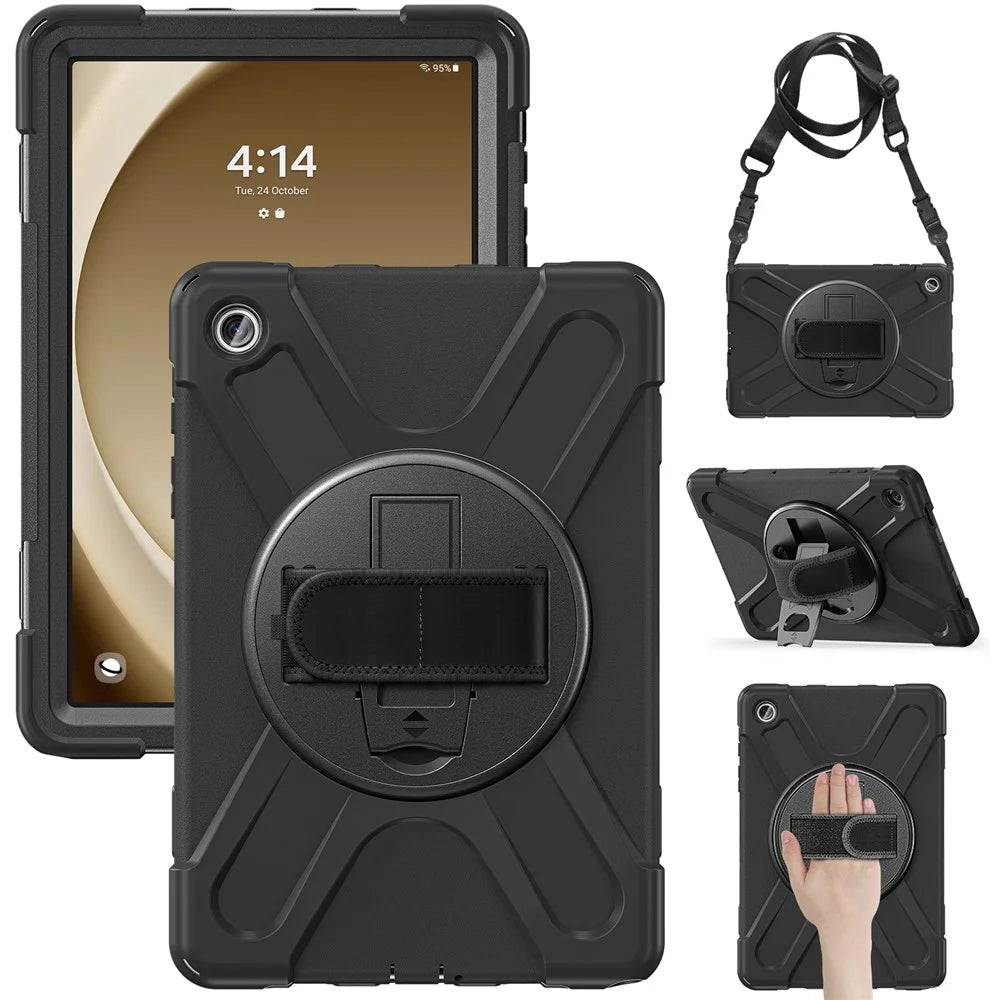For Samsung Galaxy Tab A9+ Case PC+Silicone Kickstand Tablet Cover with Hand Band / Shoulder Strap - Black - 1