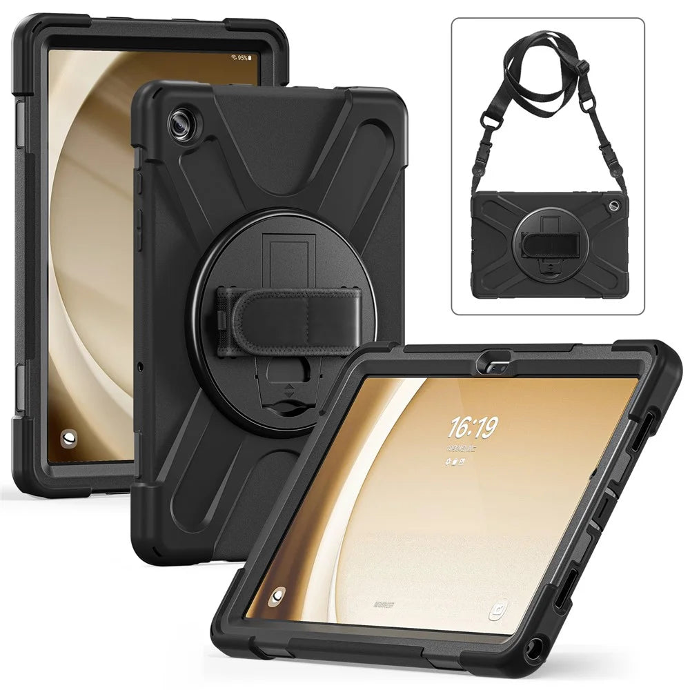 For Samsung Galaxy Tab A9+ Case PC+Silicone Kickstand Tablet Cover with Hand Band / Shoulder Strap - Black - 2