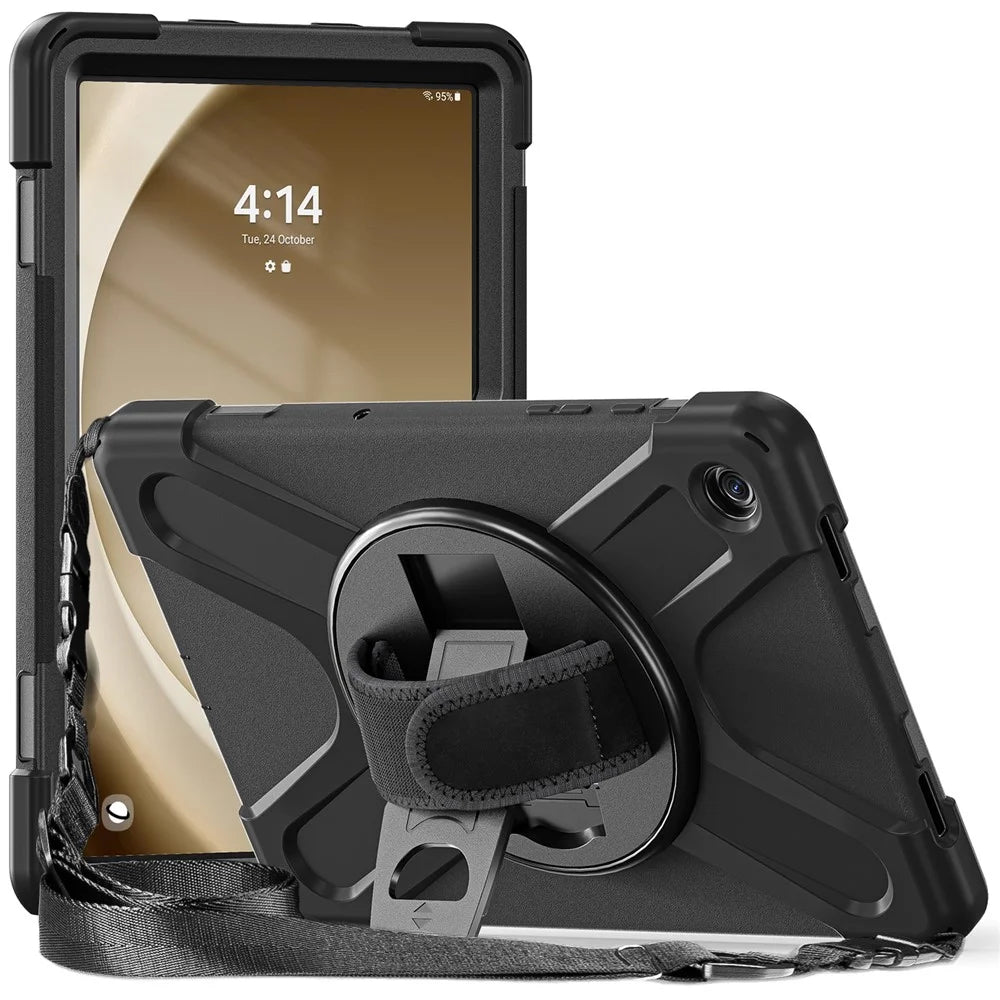 For Samsung Galaxy Tab A9+ Case PC+Silicone Kickstand Tablet Cover with Hand Band / Shoulder Strap - Black - 3