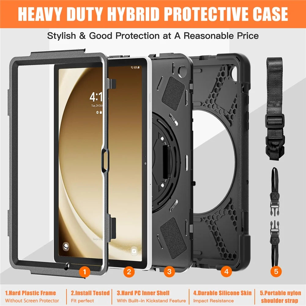 For Samsung Galaxy Tab A9+ Case PC+Silicone Kickstand Tablet Cover with Hand Band / Shoulder Strap - Black - 4