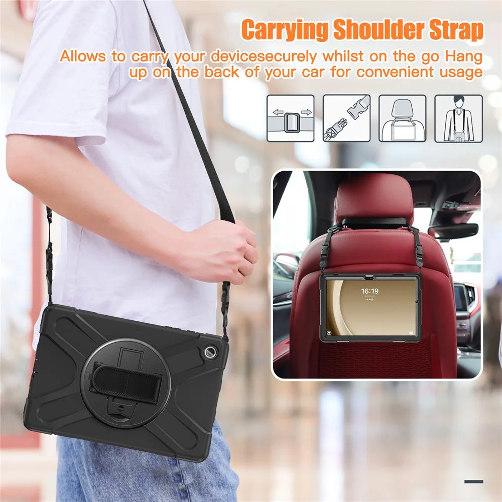 For Samsung Galaxy Tab A9+ Case PC+Silicone Kickstand Tablet Cover with Hand Band / Shoulder Strap - Black - 5