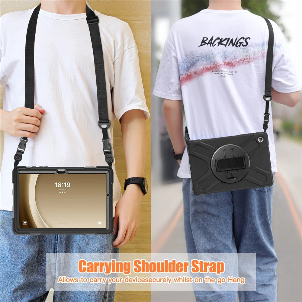 For Samsung Galaxy Tab A9+ Case PC+Silicone Kickstand Tablet Cover with Hand Band / Shoulder Strap - Black - 6