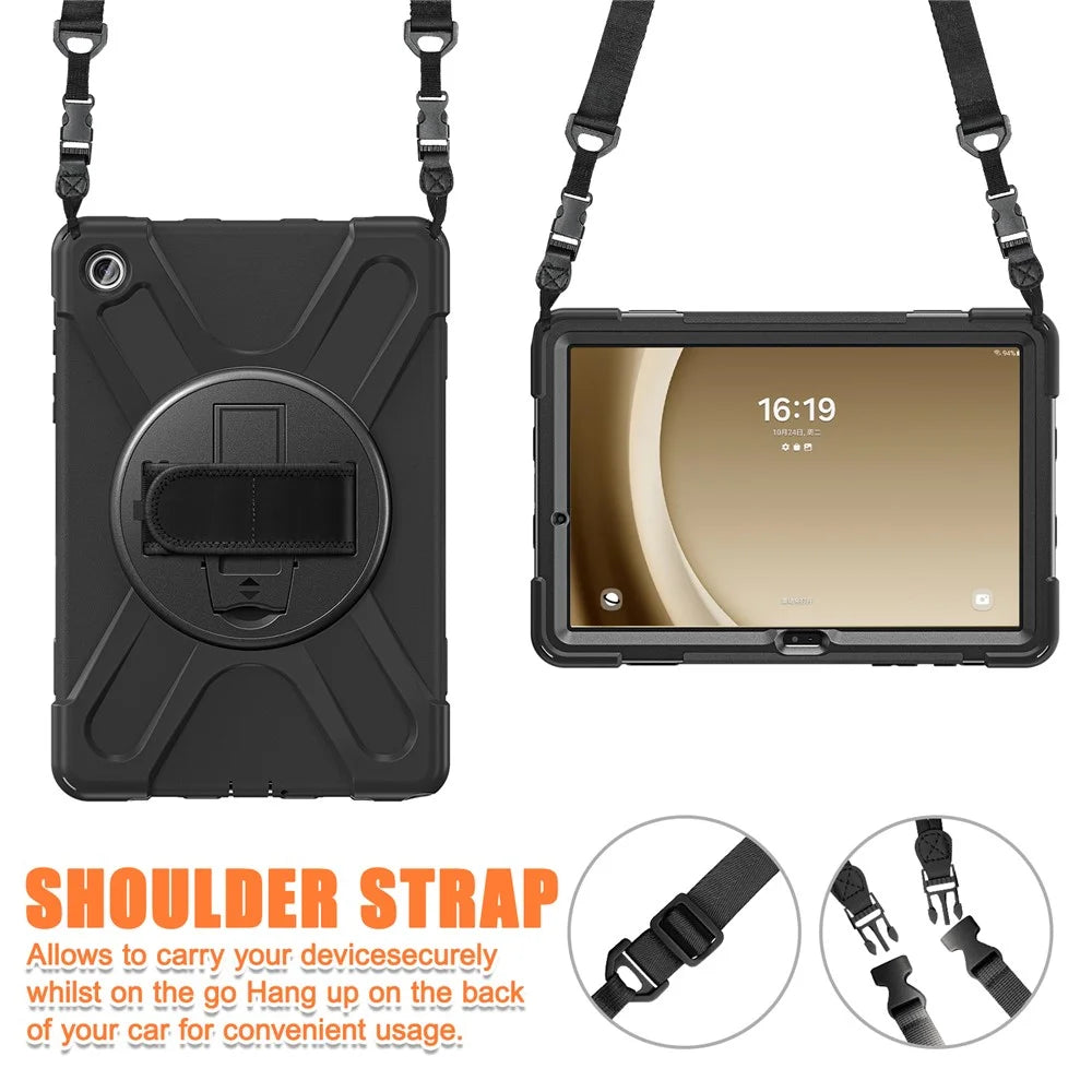 For Samsung Galaxy Tab A9+ Case PC+Silicone Kickstand Tablet Cover with Hand Band / Shoulder Strap - Black - 7