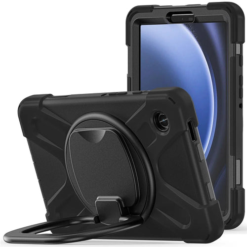For Samsung Galaxy Tab A9 Case PC+Silicone Hand Grip Rotating Kickstand Tablet Cover - Black+Black - 1