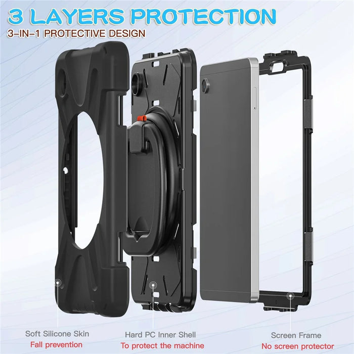 For Samsung Galaxy Tab A9 Case PC+Silicone Hand Grip Rotating Kickstand Tablet Cover - Black+Black - 3