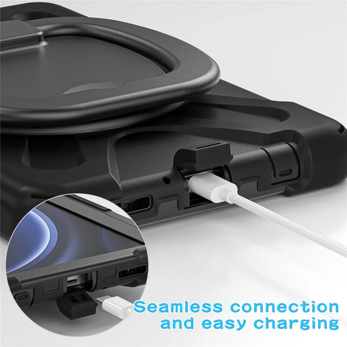 For Samsung Galaxy Tab A9 Case PC+Silicone Hand Grip Rotating Kickstand Tablet Cover - Black+Black - 7