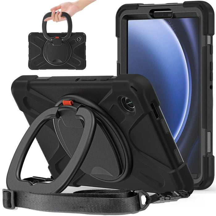 For Samsung Galaxy Tab A9 Case Rotary Kickstand PC+Silicone Cover with Shoulder Strap - Black+Black - 1