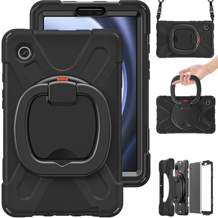For Samsung Galaxy Tab A9 Case Rotary Kickstand PC+Silicone Cover with Shoulder Strap - Black+Black - 3