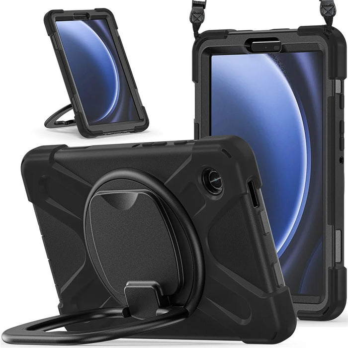 For Samsung Galaxy Tab A9 Case Rotary Kickstand PC+Silicone Cover with Shoulder Strap - Black+Black - 4