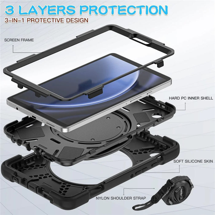 For Samsung Galaxy Tab A9 Case Rotary Kickstand PC+Silicone Cover with Shoulder Strap - Black+Black - 5