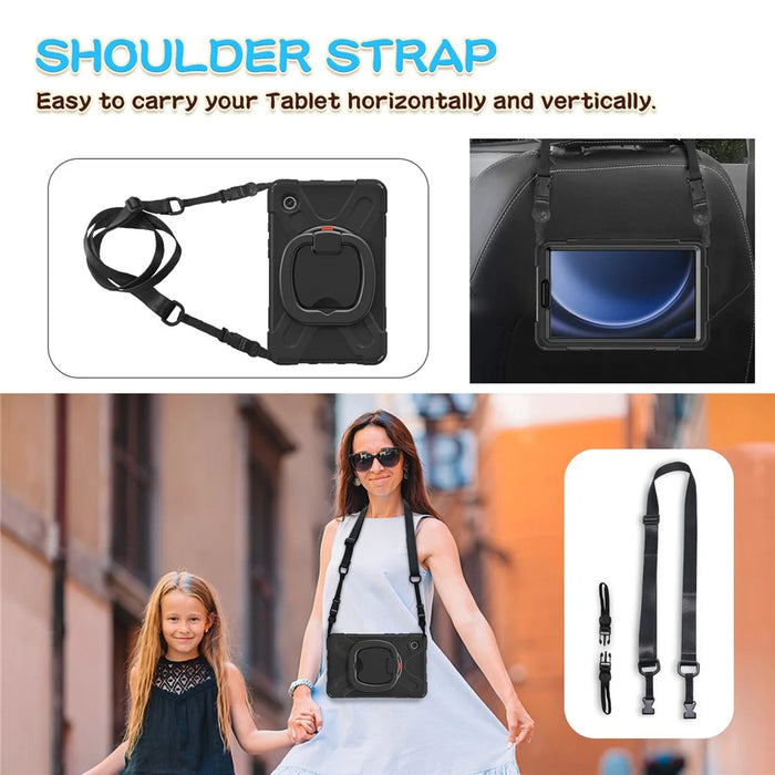 For Samsung Galaxy Tab A9 Case Rotary Kickstand PC+Silicone Cover with Shoulder Strap - Black+Black - 6