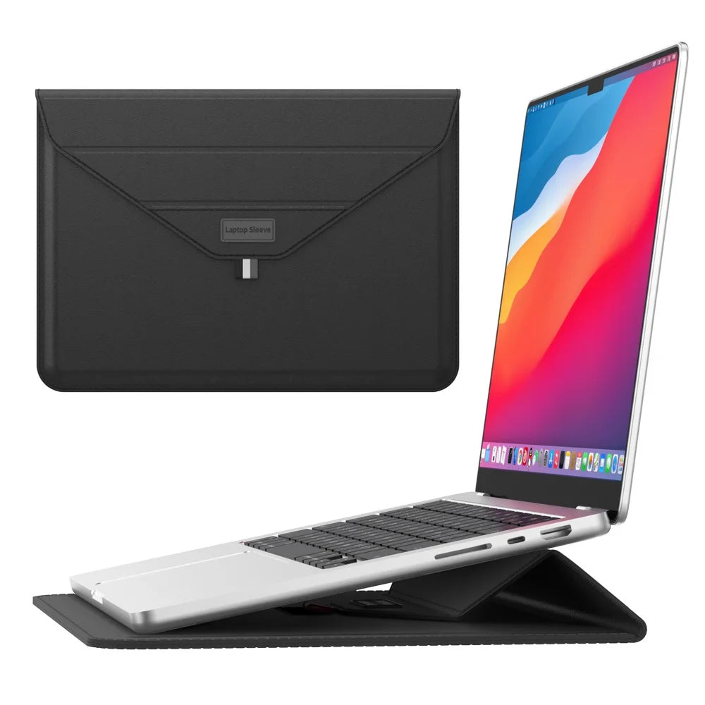 15 Inch Laptop Sleeve Case with Stand Feature PU Leather Storage Bag Slim Envelope - Black - 1