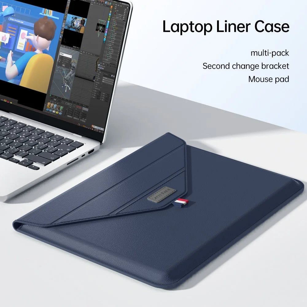 13-14 Inch Padded Laptop Bag Stand PU Leather Envelope Laptop Case Carrying Sleeve Bag - Black - 3