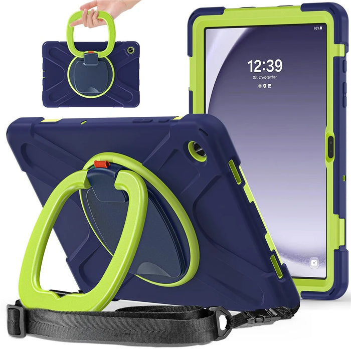 For Samsung Galaxy Tab A9+ Case Rotary Kickstand Anti-drop Tablet Cover with Shoulder Strap - Navy Blue+Yellowgreen - 1