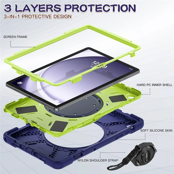 For Samsung Galaxy Tab A9+ Case Rotary Kickstand Anti-drop Tablet Cover with Shoulder Strap - Navy Blue+Yellowgreen - 3