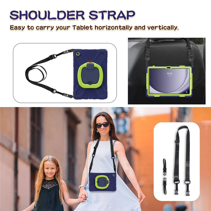 For Samsung Galaxy Tab A9+ Case Rotary Kickstand Anti-drop Tablet Cover with Shoulder Strap - Navy Blue+Yellowgreen - 4