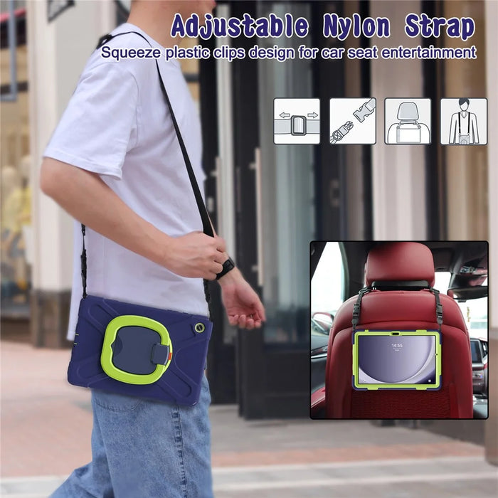 For Samsung Galaxy Tab A9+ Case Rotary Kickstand Anti-drop Tablet Cover with Shoulder Strap - Navy Blue+Yellowgreen - 5