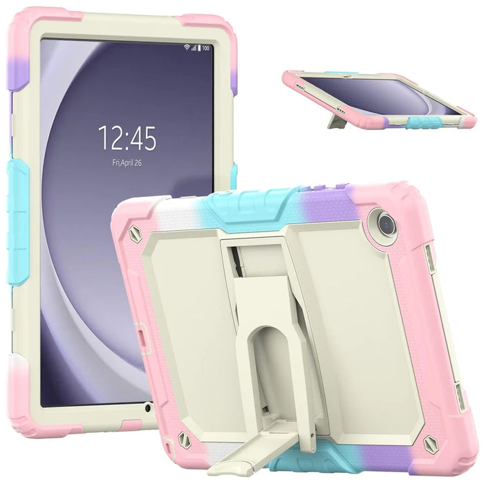 For Samsung Galaxy Tab A9+ (SM-X210 / X215 / X216) Defender Case Kickstand Tablet Cover with Shoulder Strap - Colorful Pink - 1