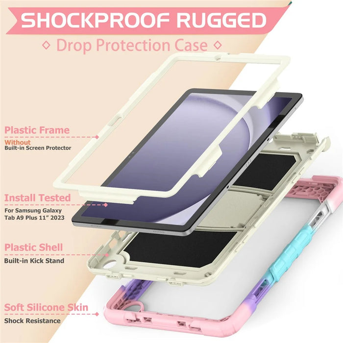 For Samsung Galaxy Tab A9+ (SM-X210 / X215 / X216) Defender Case Kickstand Tablet Cover with Shoulder Strap - Colorful Pink - 4