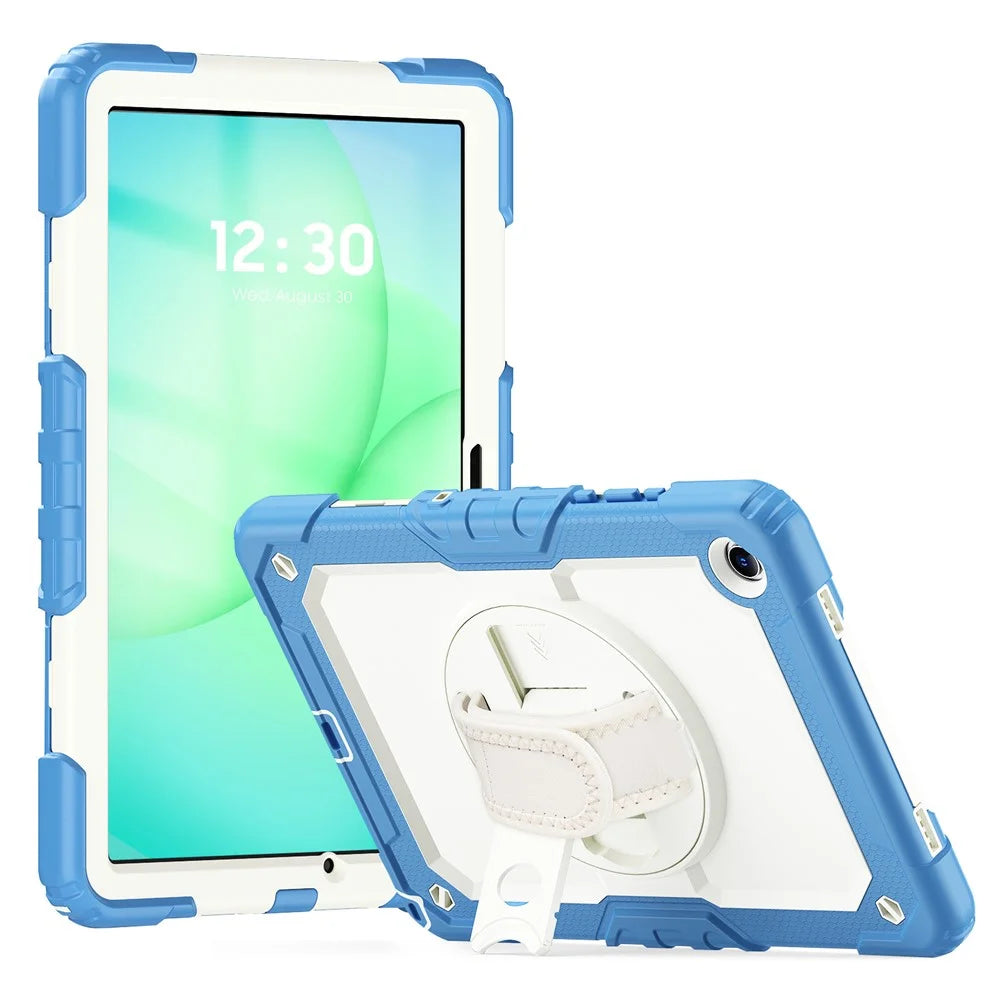 For Samsung Galaxy Tab A11+ / A9+ PC+Silicone Case Rugged Kickstand Tablet Cover - Beige+Cyan Blue - 1