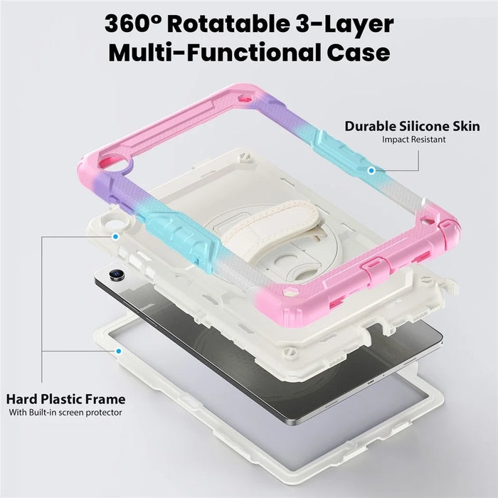 For Samsung Galaxy Tab A11+ / A9+ Case Kickstand Armor Defender Tablet Cover with Shoulder Strap - Colorful Pink - 3