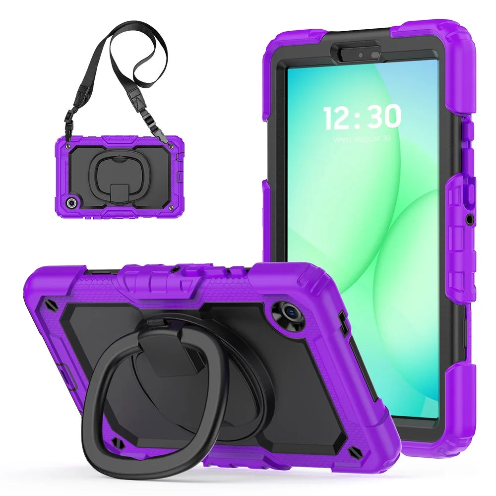 For Samsung Galaxy Tab A11 / A9 PC+Silicone Case Impact Resistant Kickstand Tablet  Cover with Shoulder Strap - Purple - 1