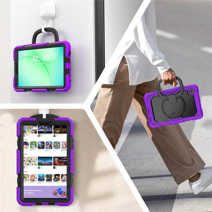 For Samsung Galaxy Tab A11 / A9 PC+Silicone Case Impact Resistant Kickstand Tablet  Cover with Shoulder Strap - Purple - 4
