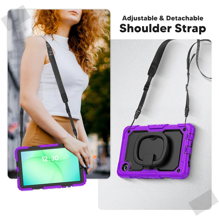 For Samsung Galaxy Tab A11 / A9 PC+Silicone Case Impact Resistant Kickstand Tablet  Cover with Shoulder Strap - Purple - 7