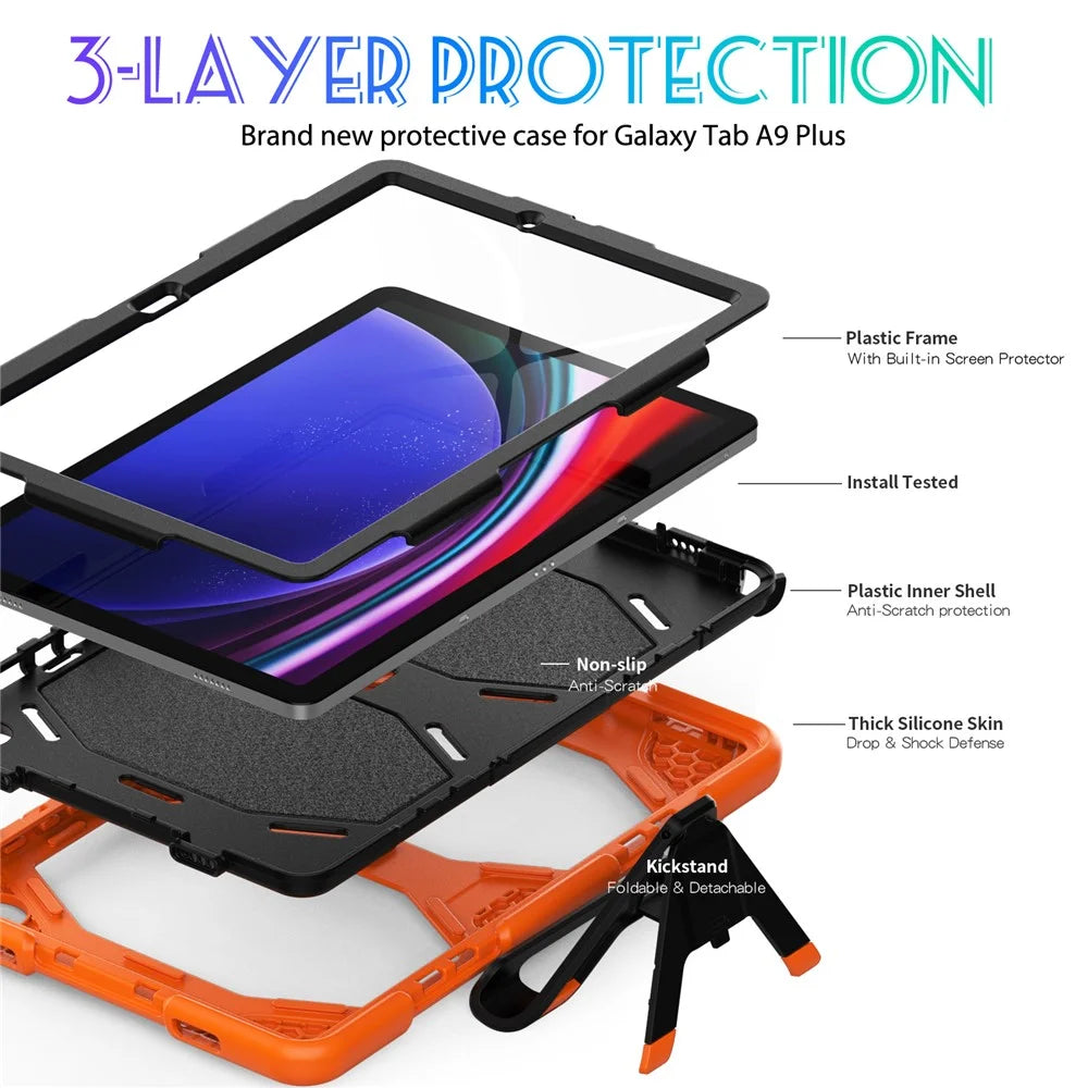 For Samsung Galaxy Tab A11+ / A9+ PC+Silicone Tablet Case Dustproof Kickstand Cover - Orange - 3