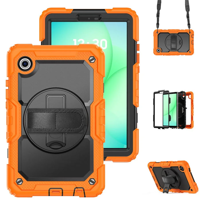 For Samsung Galaxy Tab A11 / A9 Kickstand Cover PC + Silicone Tablet Case with Shoulder Strap - Black+Orange - 1