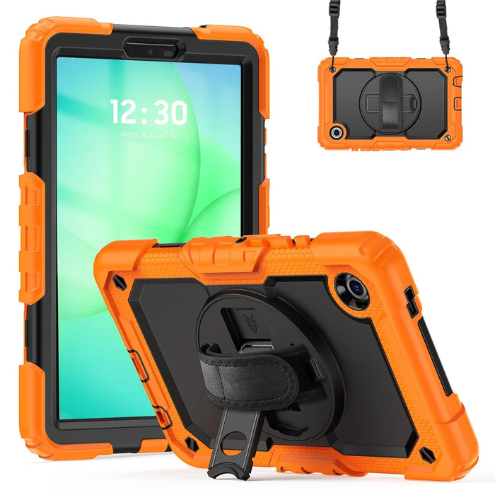 For Samsung Galaxy Tab A11 / A9 Kickstand Cover PC + Silicone Tablet Case with Shoulder Strap - Black+Orange - 2