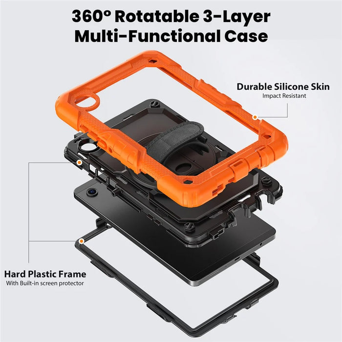 For Samsung Galaxy Tab A11 / A9 Kickstand Cover PC + Silicone Tablet Case with Shoulder Strap - Black+Orange - 3