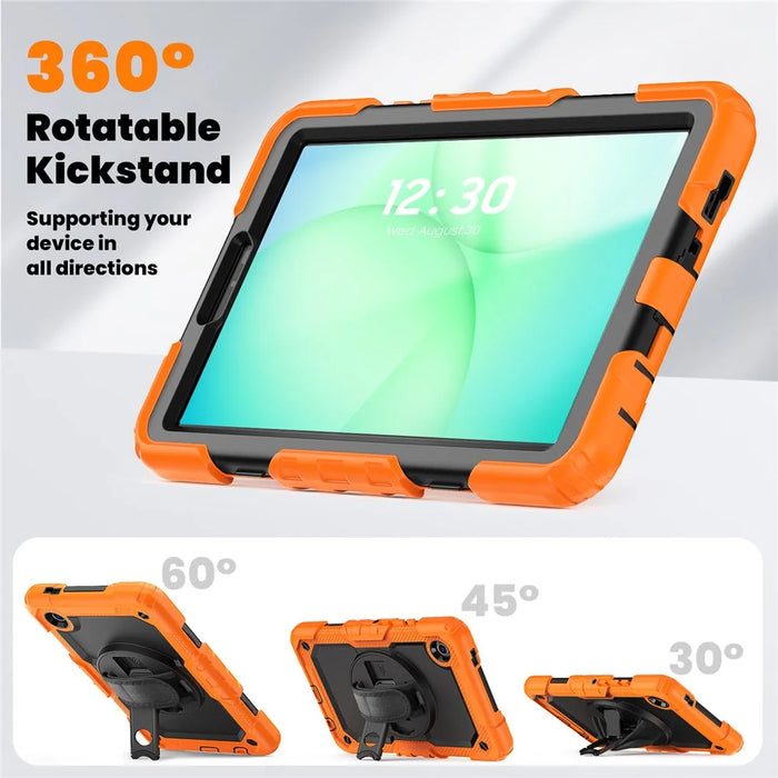 For Samsung Galaxy Tab A11 / A9 Kickstand Cover PC + Silicone Tablet Case with Shoulder Strap - Black+Orange - 6