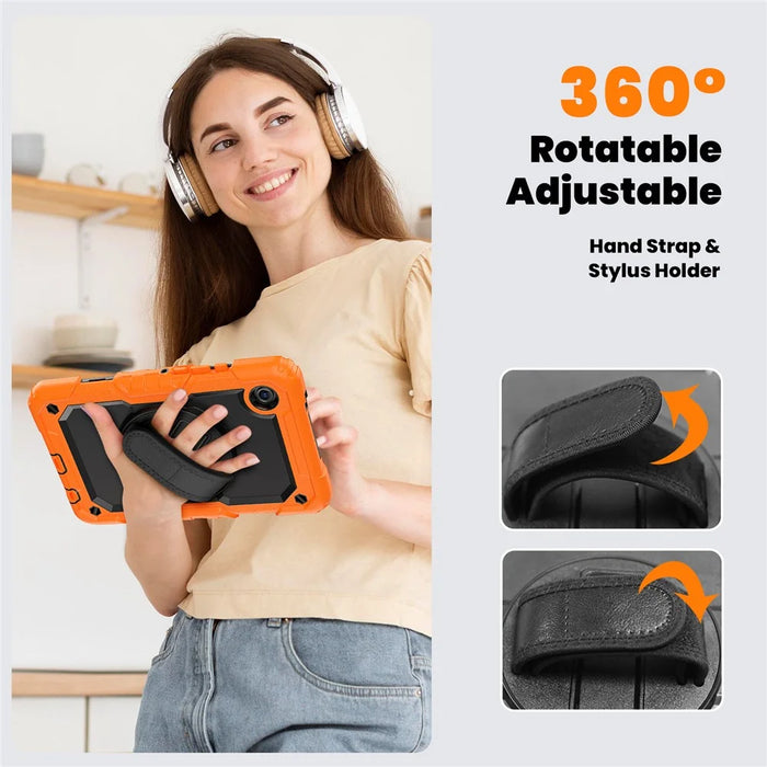 For Samsung Galaxy Tab A11 / A9 Kickstand Cover PC + Silicone Tablet Case with Shoulder Strap - Black+Orange - 7