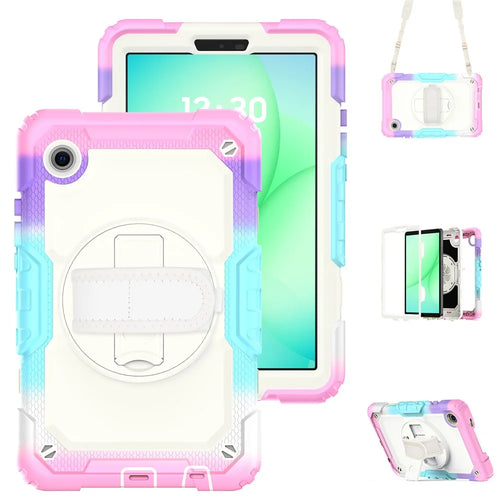 For Samsung Galaxy Tab A11 / A9 Tablet Case Anti-Fall Kickstand Cover with Shoulder Strap and Hand Strap - Colorful Pink - 1