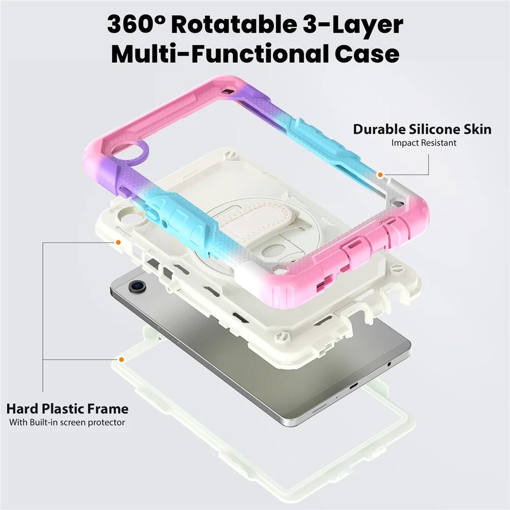 For Samsung Galaxy Tab A11 / A9 Tablet Case Anti-Fall Kickstand Cover with Shoulder Strap and Hand Strap - Colorful Pink - 3