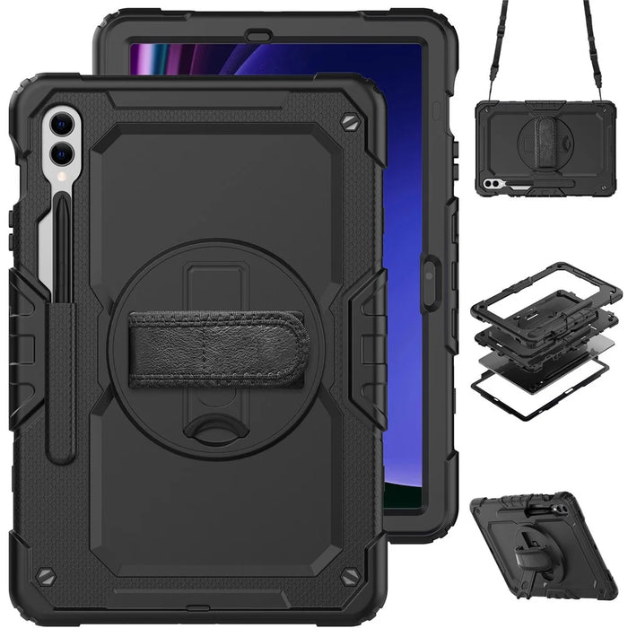 For Samsung Galaxy Tab S9 FE+ SM-X610 SM-X616B PC+Silicone Tablet Cover with Kickstand - Black+Black - 1