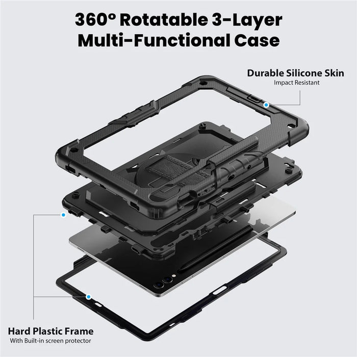 For Samsung Galaxy Tab S9 FE+ SM-X610 SM-X616B PC+Silicone Tablet Cover with Kickstand - Black+Black - 3